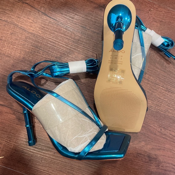 NEW LAST CHANCE ALDO Metallic Blue Ankle Tie Heeled Sandals - Picture 1 of 1